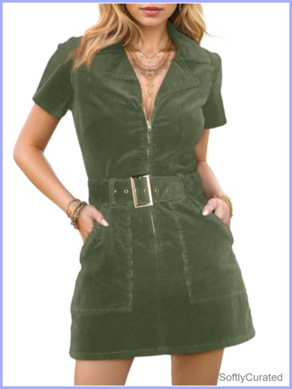 Corduroy Mini Dress Short Sleeve Lapel Zip-Up Belted Cowgirl